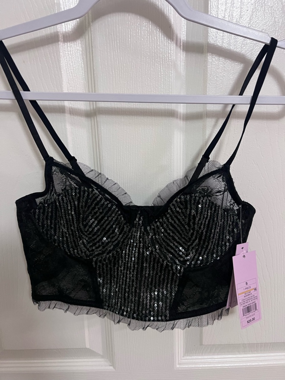 Black Sequin Lace Corset Crop Top w/ Lace Trim & sequin bottom brief NWT XS M L - Picture 6 of 10